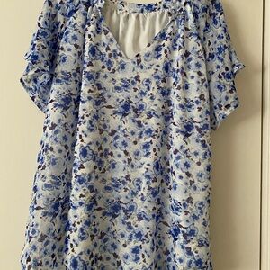 Women's Blue Floral V-Neck Top